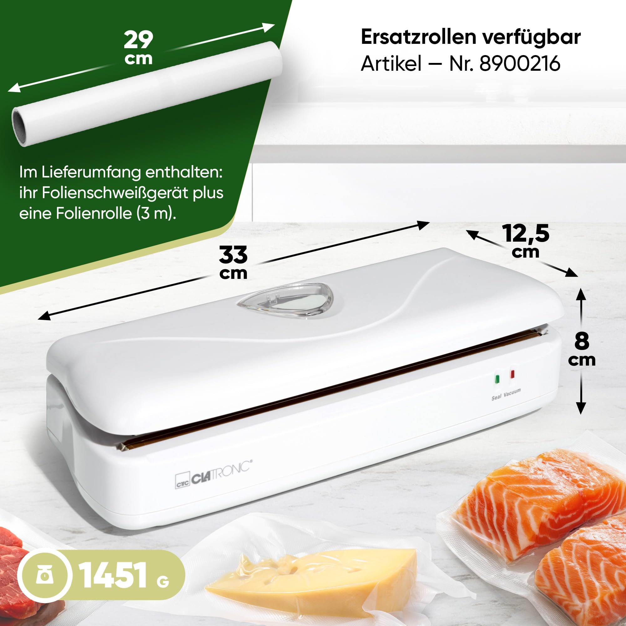 Clatronic zgrzewarka próżniowa; do Sous Vide; elektroniczna regulacja mocy; okienko do przechowywania folii; z 1 x folią próżniową; biała