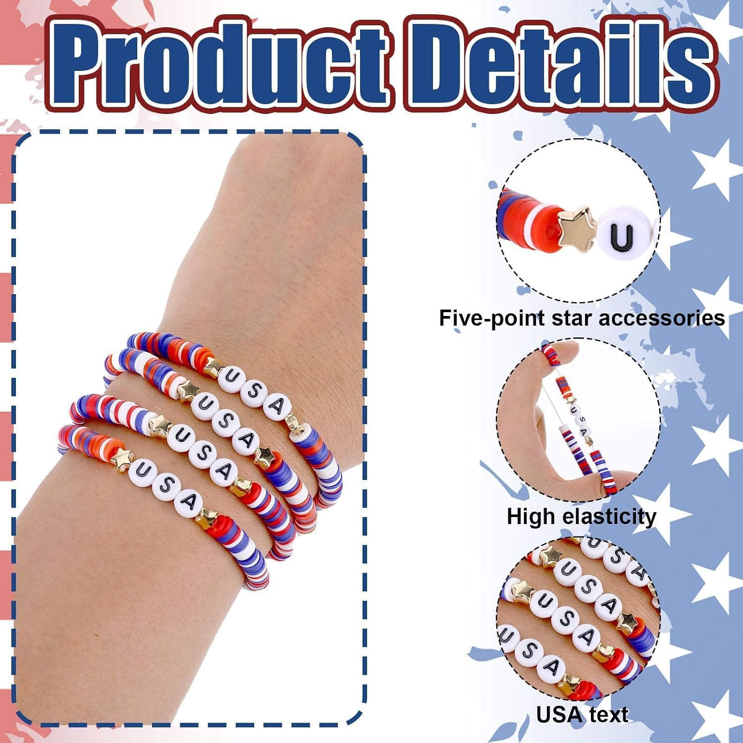 30 Pcs USA Bracelets Bulk American Flag Red White and Blue