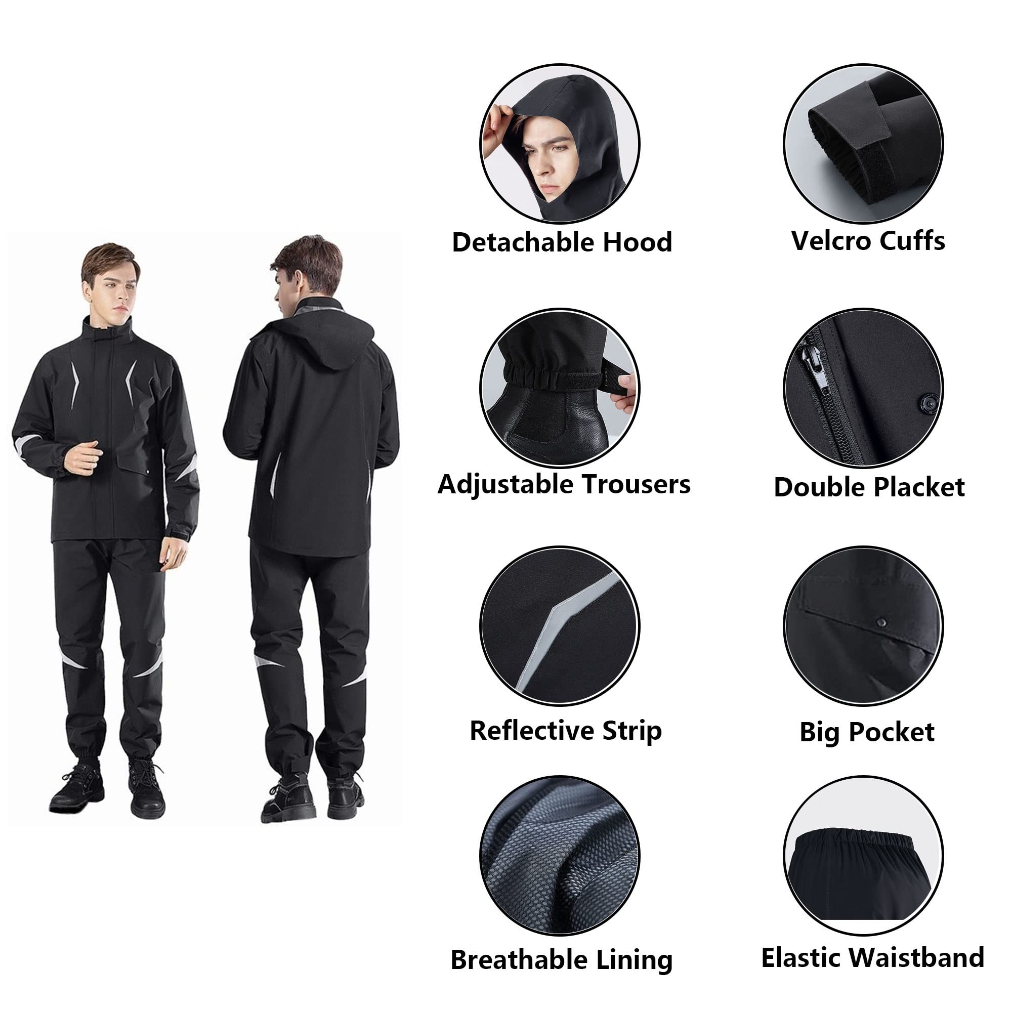 Manteau de Pluie Imperméable à Capuche Veste de Pluie Légère pour Homme/Femme, Veste + Pantalon, Combinaison de Pluie Respirante pour la Randonnée, la Pêche, Le Cyclisme, la Moto