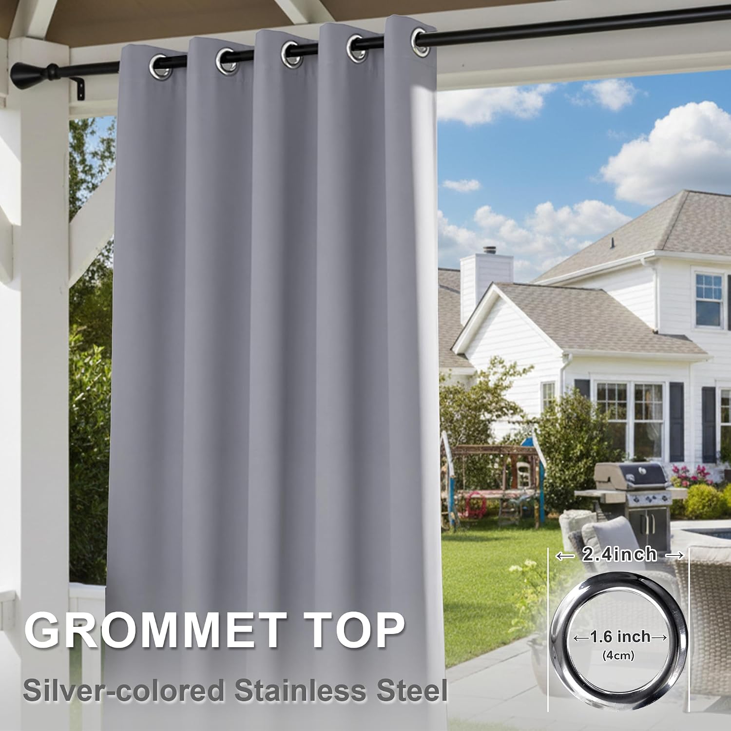 BONZER Outdoor Curtains for Patio Waterproof - Light Blocking Weather Resistant Privacy Grommet Blackout Curtains for Gazebo, Porch, Pergola, Cabana, Deck, Sunroom, 1 Panel, 52W x 84L inch, Silver