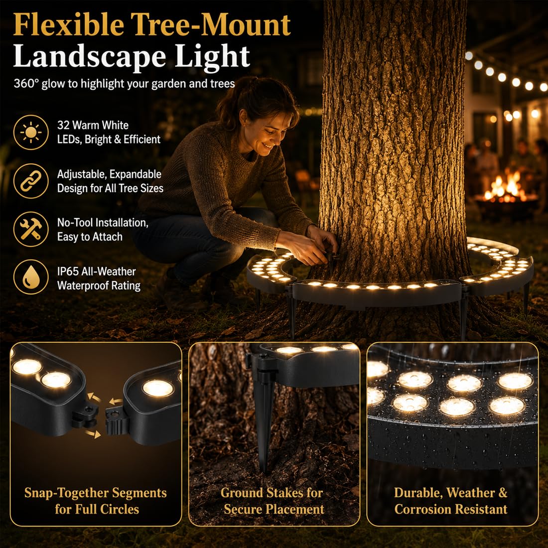 Solar LED Baum-Ringbeleuchtung, IP65 wasserfeste RGB & Warmweiß Landschaftsbeleuchtung für Außen, flexible Baumlampen Dekoration für Garten, Hof & Baumwurzeln (White Light,5pcs 60w)