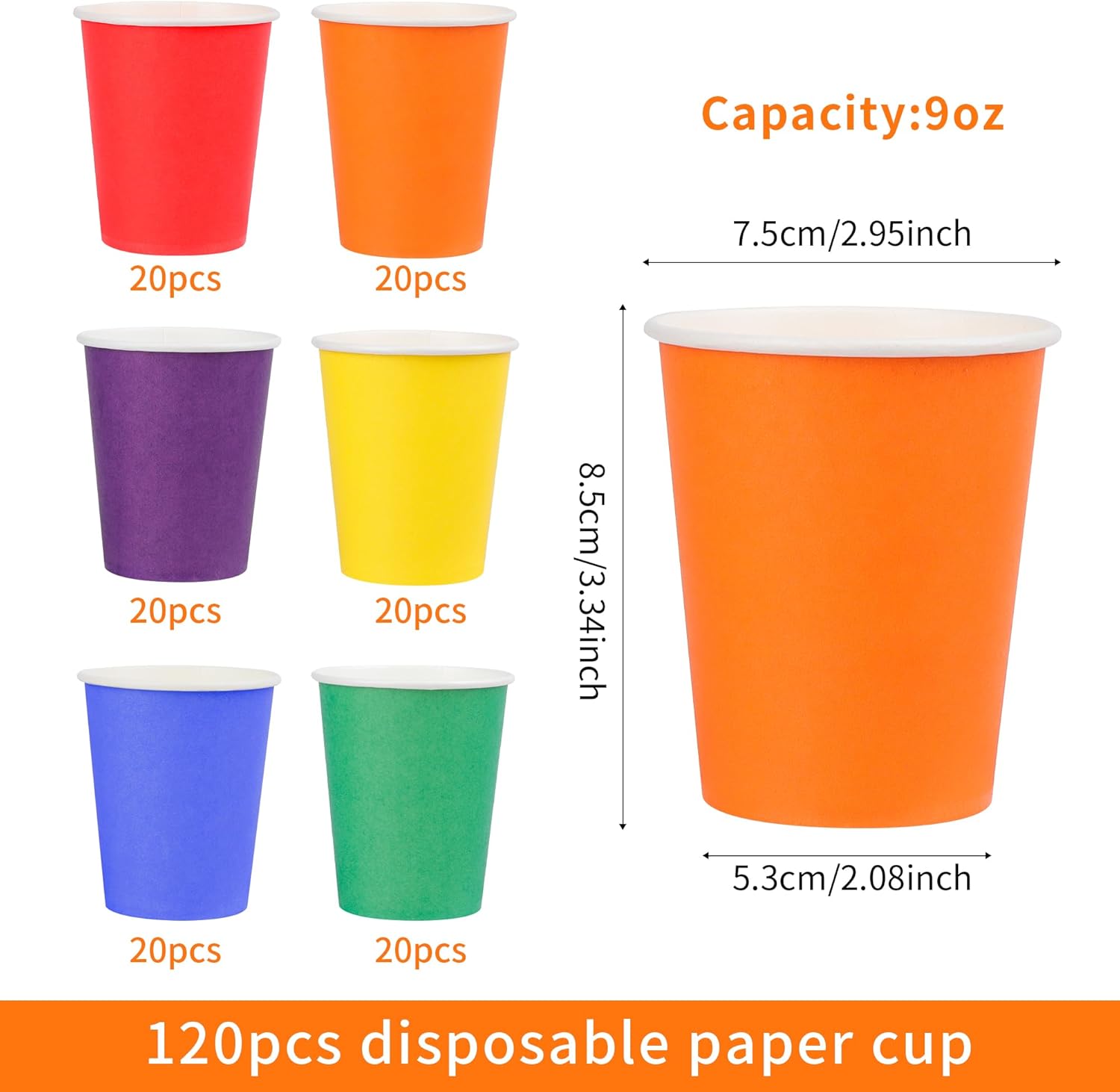120-Pack 9 Oz Colored Paper Cups, Disposable Colorful Paper Cups, Suitable For Mini Paper Party Cups, Birthday Cups, Coffee, Holiday Parties, Diy, Office Drinking Cups (Multi-Color) - Image 2