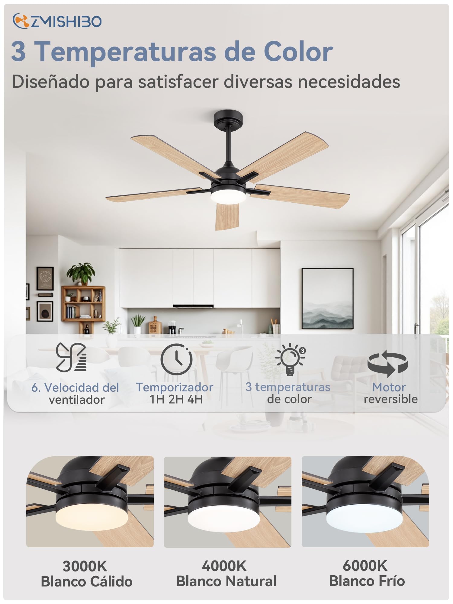 ZMISHIBO Ventilador de Techo con Luz, Ø132 cm, Motor DC Eficiente, 6 Velocidades, 3 Temperaturas de Color (3000K, 4000K, 6000K), Diseño Moderno, Control Remoto, Ahorro Energético