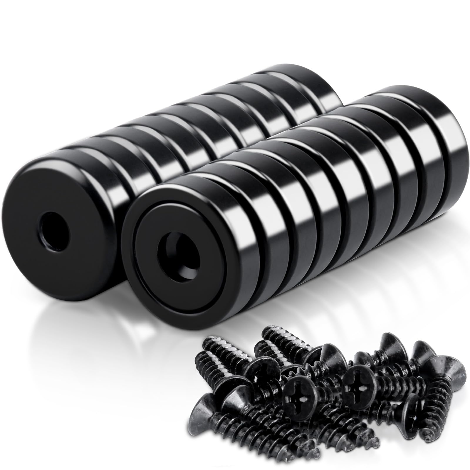 18 magneti forti 20 x 7 mm, colore nero, al neodimio, extra forti, 10 kg, con foro e capsula, magneti forti per cucine, bagni, uffici, magazzini