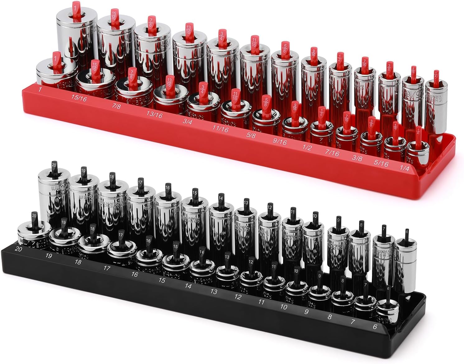 3/8-Inch Drive Socket Organizer Trays, 2-Piece SAE and Metric Socket Tray Set, Deep and Standard Socket Holders Organizers for Toolbox, Black & Red