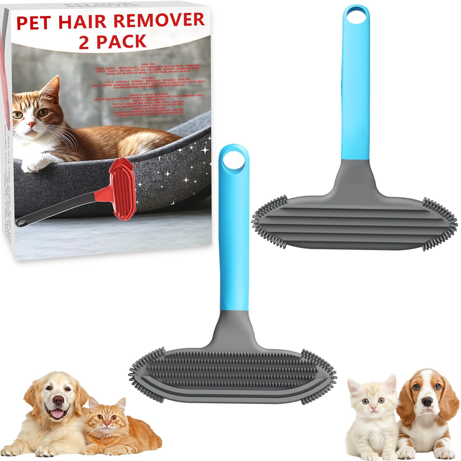 Pet Hair Removal Tool and Pet Hair Remover with 3 in 1 Silicone, Cat Dog Hair and lint Fur Remover for Carpet Couch Cat Tree Bed Furniture and Car Interior, Reusable and Portable,2 Pack
