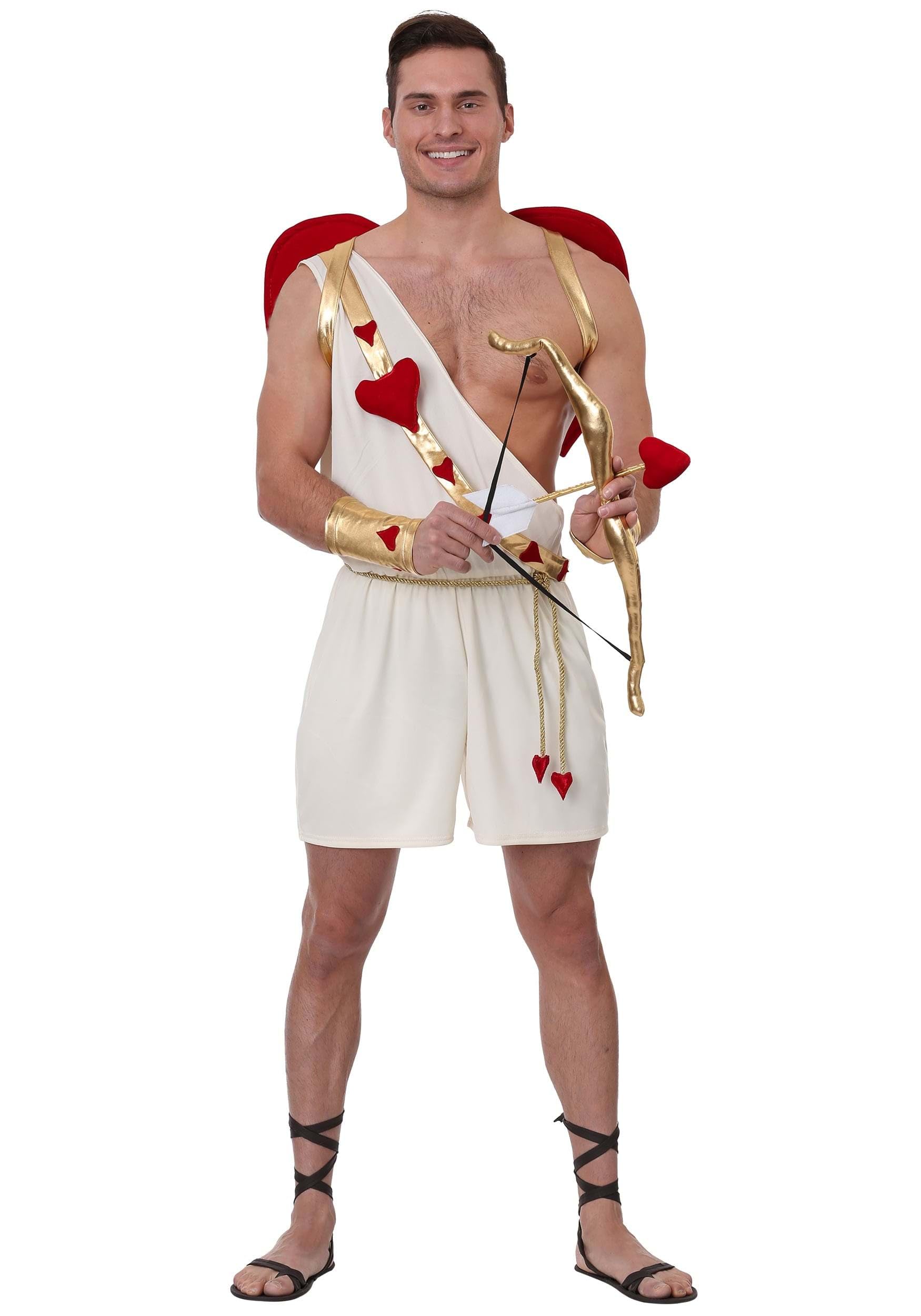 Adult Cupid Costume For Men | One-Shoulder Romper Outfit Includes Cupid Wings And A Plush Bow And Arrow Set