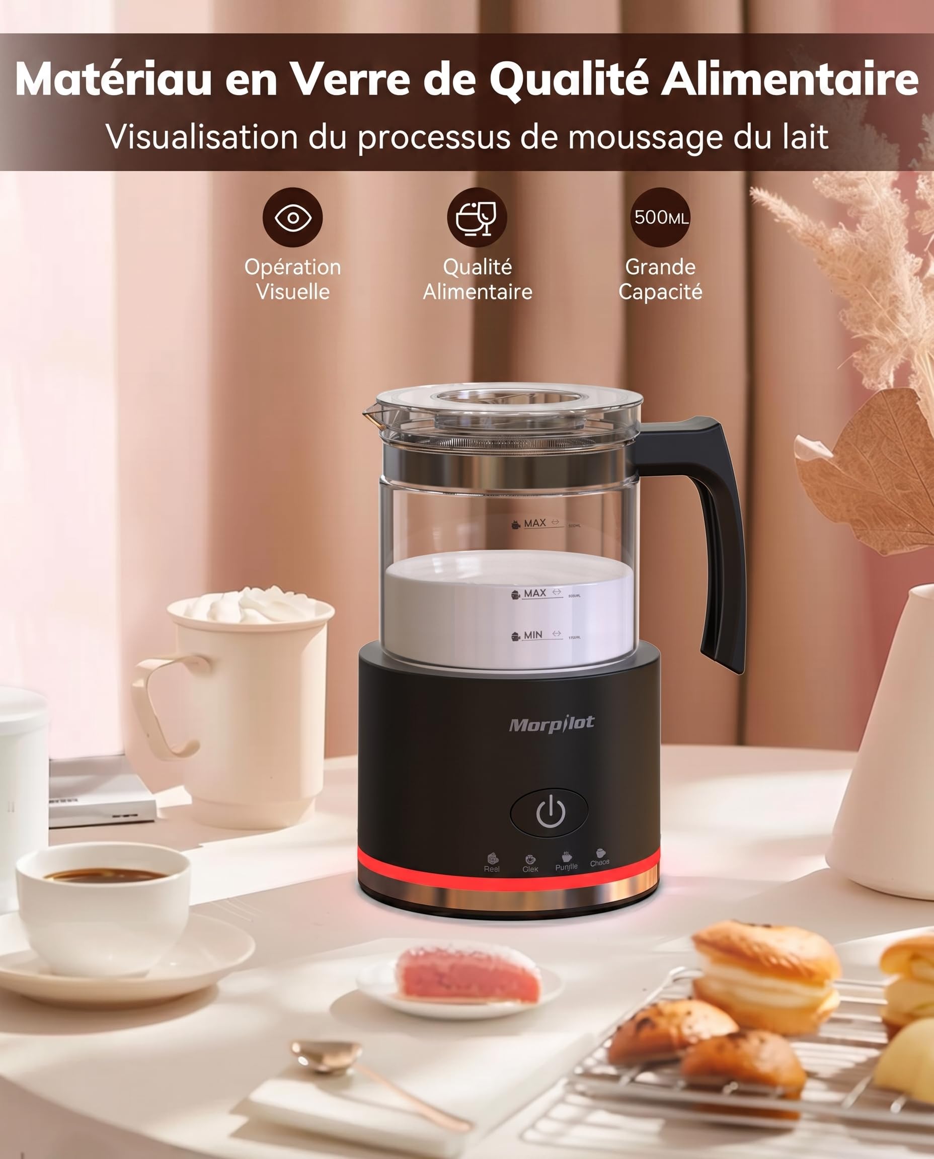 Morpilot Mousseur à Lait Électrique 4 en 1, Grande Capacité 500ml 600W Milk Frother en Verre à Mousse de Lait Chaude Froide et Lait Chaud, Emulsionneur de Lait Divisé pour Cappuccino Macchiato Latte