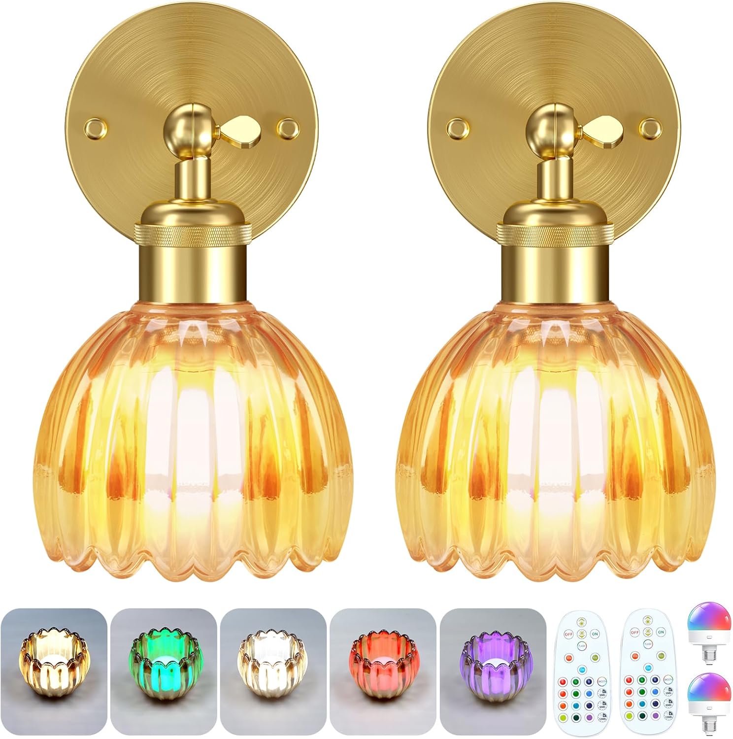 Battery Operated Wall Sconce, Rechargeable 3500mAh Battery, Dimmable LED with 10 Colors & Remote, No Wiring Needed, 300LM Vintage Light for Bedroom, Living Room, Hallway, Amber