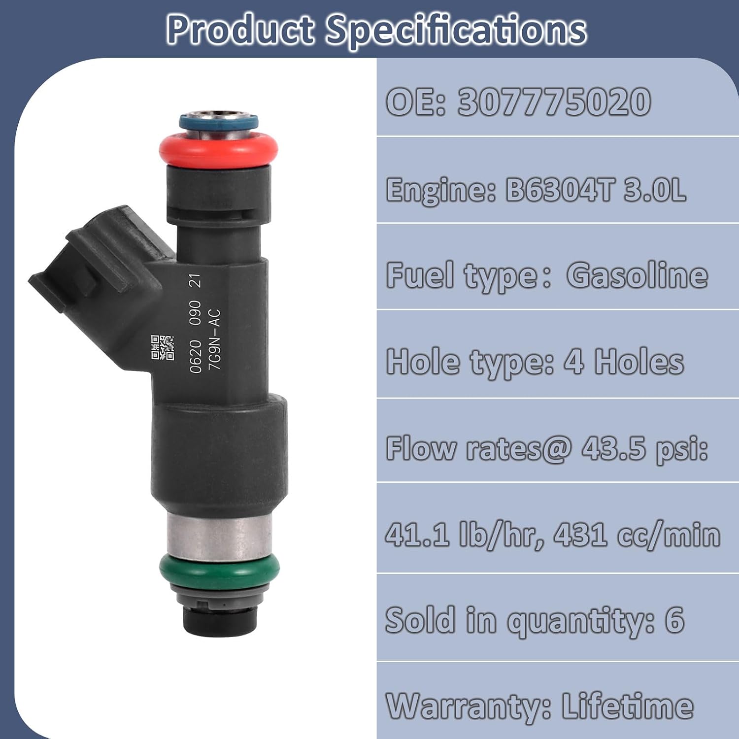 307775020 Performance 3.0L T6 Fuel Injectors,Compatible with/Volvo 3.0 S60 S80 XC60 XC70 2008-2016 |Engine#B 6304 T| |4 Holes| |Set of 6|