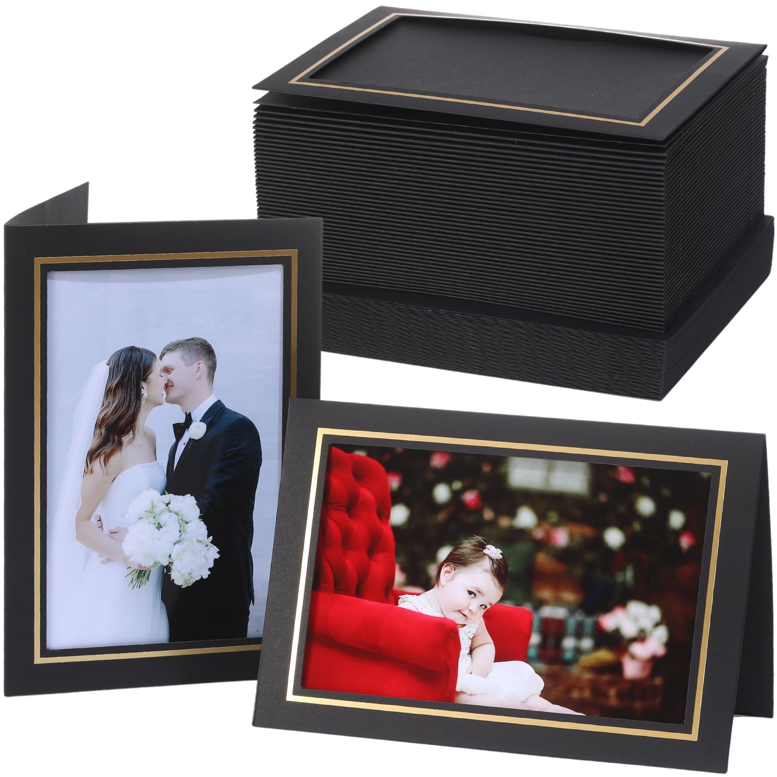 50 Count Photo Frame Cards with Envelopes 4x6 Paper Picture Frame Notecards Photo Card Holder and Envelopes Set for Graudation Wedding Birthday Classroom DIY (Black with Gold Lining)