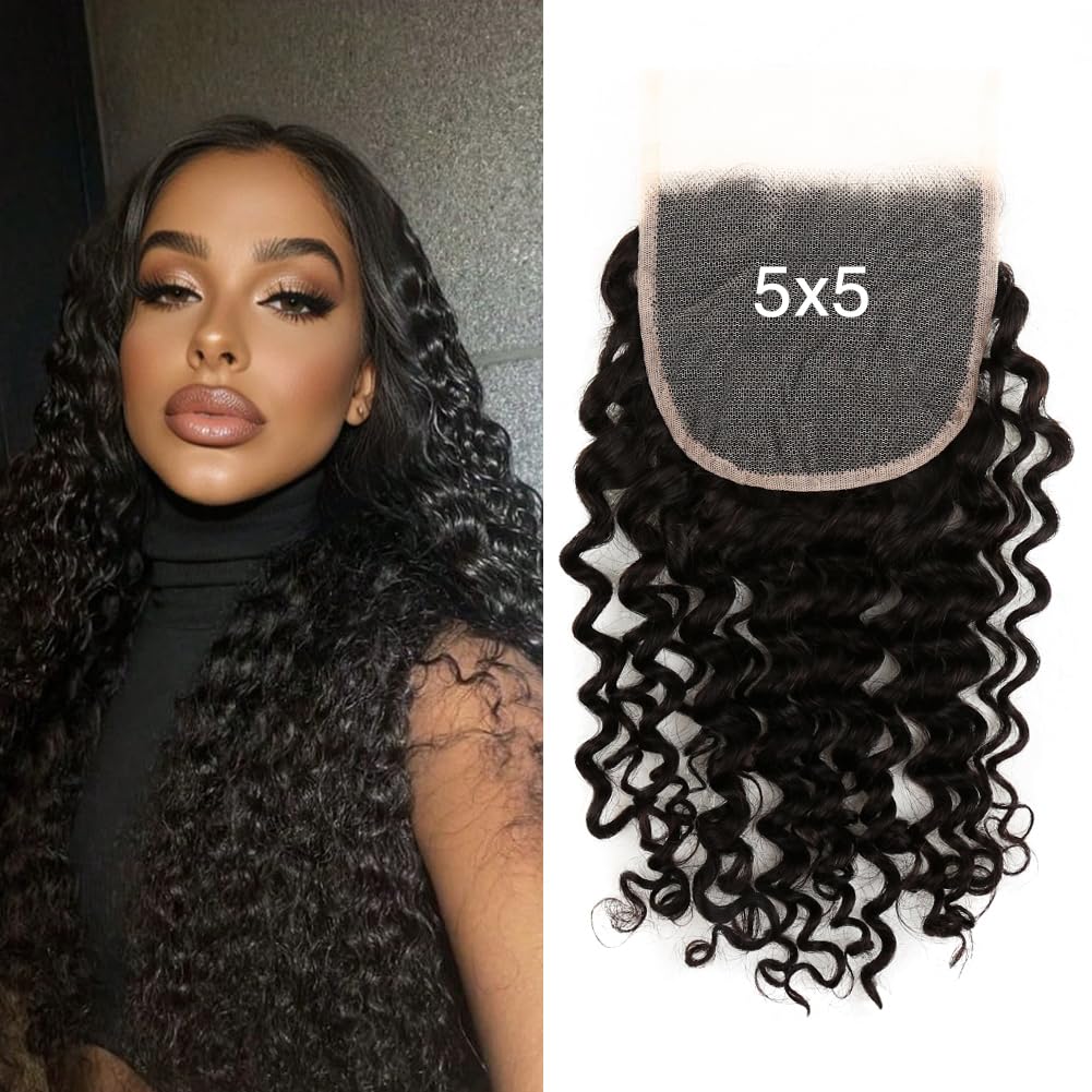 5x5 Deep Wave Lace Closure Remy Human Hair Free Part 150% Density Pre-Plucked Hairline with Baby Hair Unprocessed Human Virgin Hair Top Swiss Lace Closure 14 inch