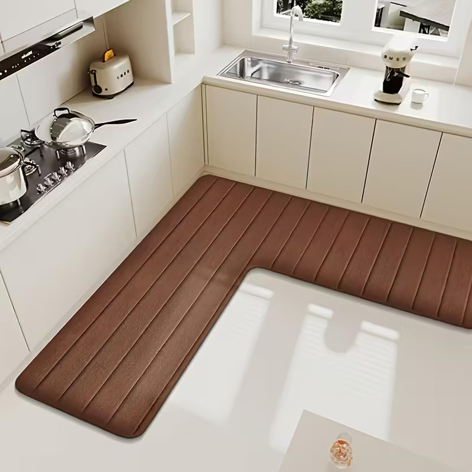 Wlian L-Shaped Kitchen Mat – Non-Slip Absorbent Corner Floor Mat for Kitchen & Home, Soft L-Shape Rug for Bathroom, Toilet & Shower Corners, Machine Washable, Brown, 75x75x45cm