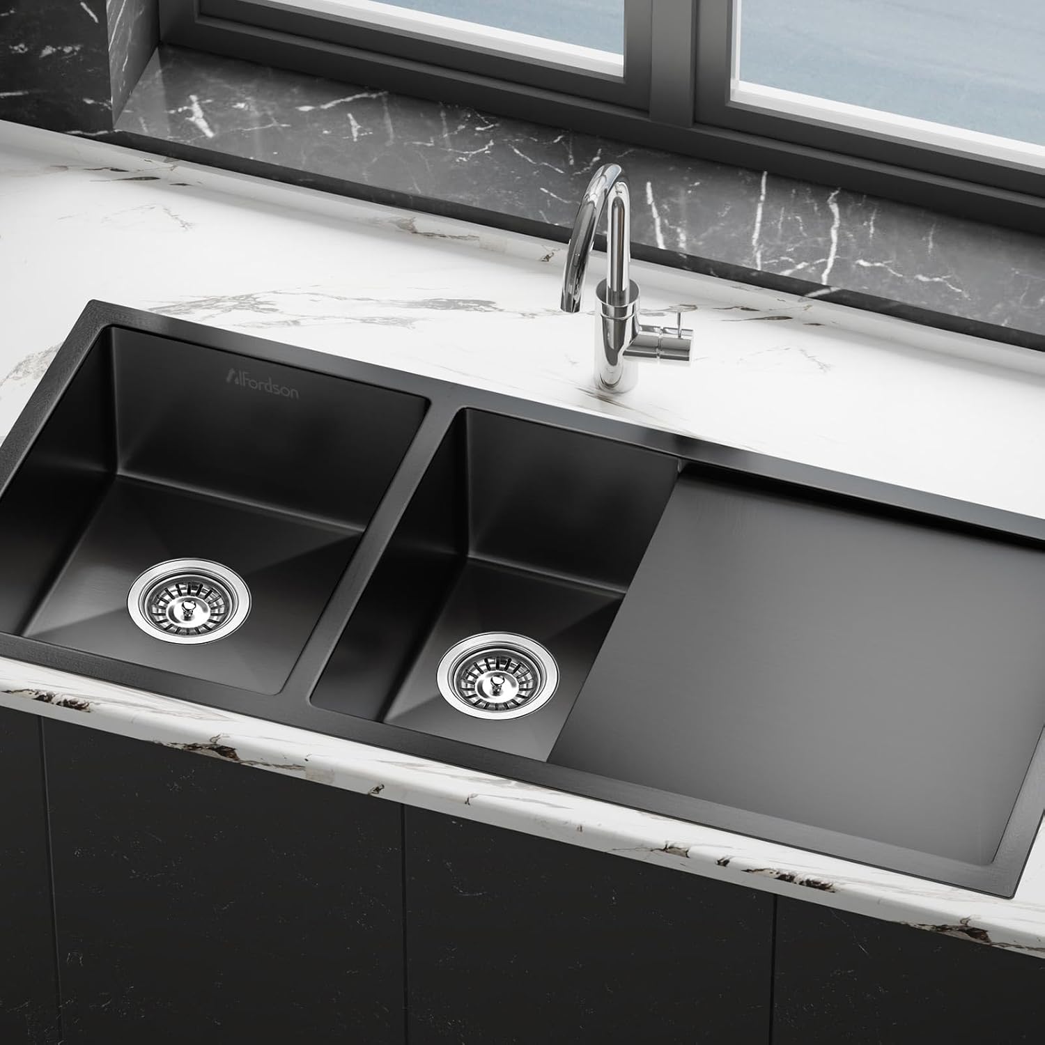 Kitchen Sink Double Bowls with Waste Strainers & Drainboard, 1000 x 450 x 205mm, 304 Stainless Steel Water Basin Sinks with 3mm Thick Edge & Nano Coating in Black