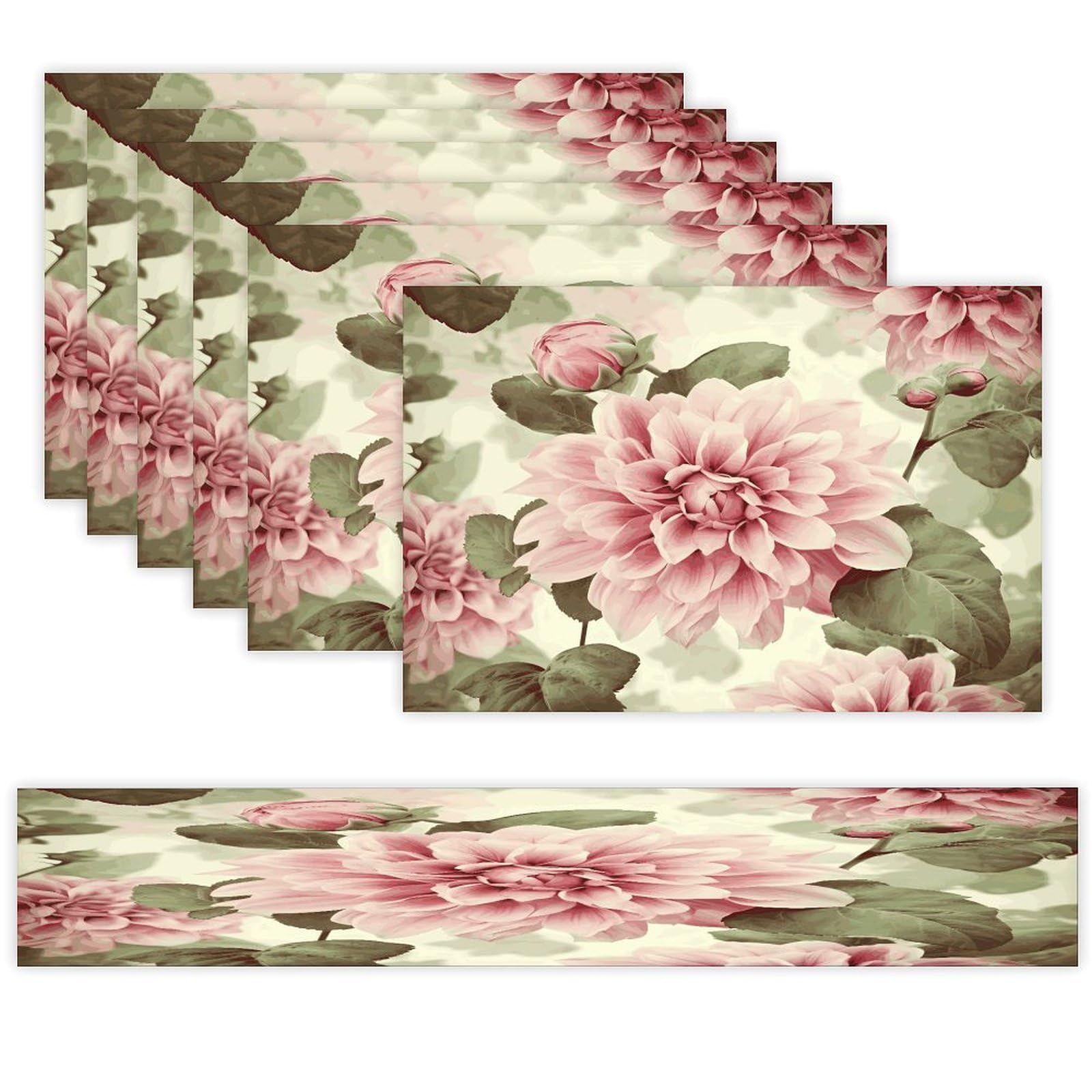 Beautiful Vintage Pink Flower Table Runner and Placemats Set of 6 for Kitchen Washable Table Mats Heat Resistant Place Mats Non-Slip Place Mat Wipeable Placemat(6 Placemats+1 Table Runner)
