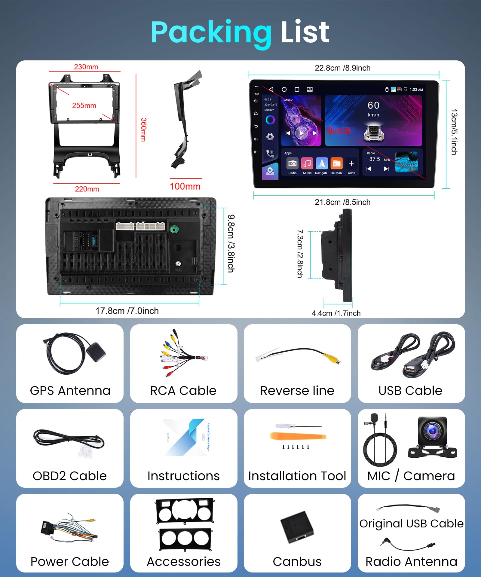 4G+64G Android Autoradio pour Peugeot 3008 5008 2009-2016 Carplay sans Fil 9 Pouces Radio avec Android Auto Mirror Link GPS Navi Bluetooth WiFi/FM/RDS/EQ/SWC/USB Commandes au Volant Caméra Recul