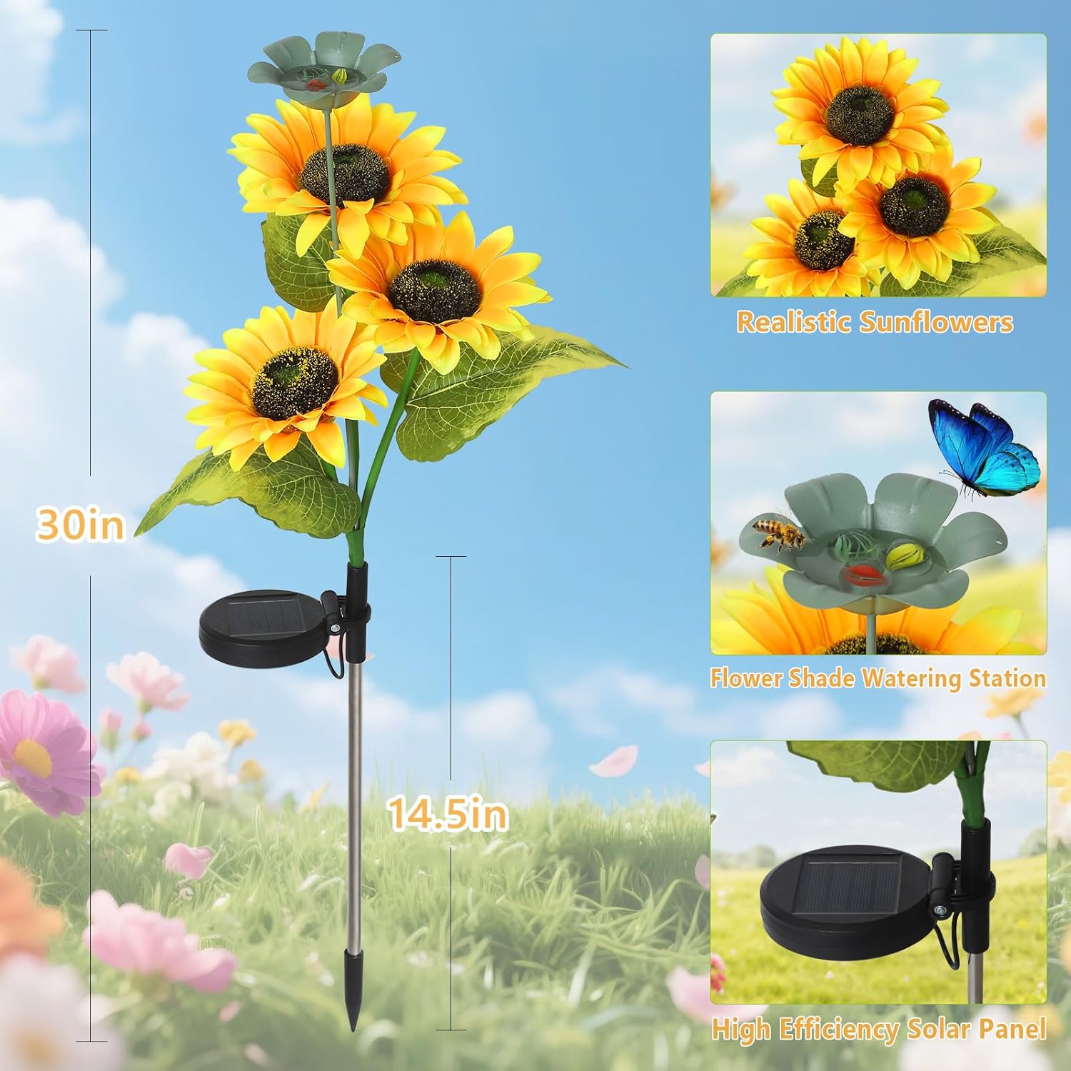 2 Pack Bee Watering Station, Butterfly Bird Water Feeder, 2-In-1 Flower Design Bee Bath Bowl with Glass Marble for Outdoor Decor & Sunflower Solar Lights Outdoor Waterproof, Flower Solar Garden Lights