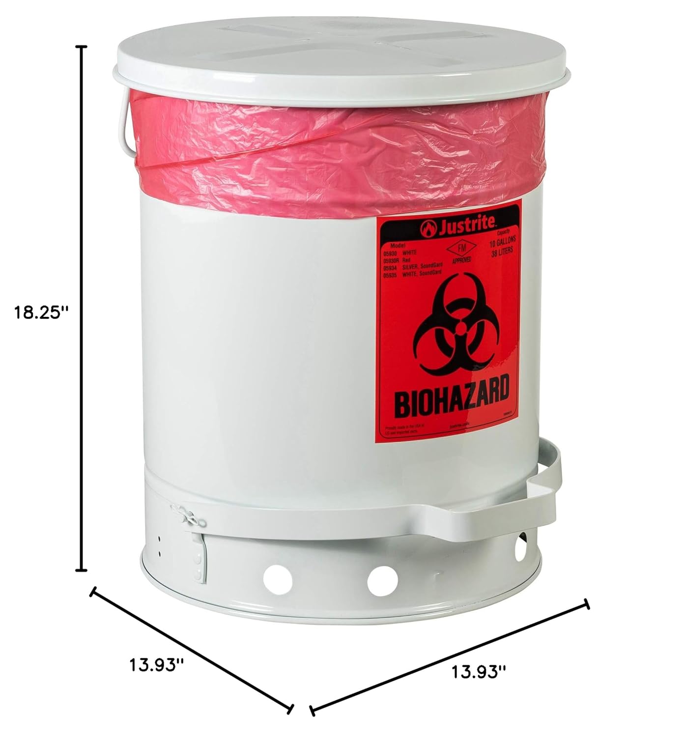 Justrite 05930 Galvanized Steel Biohazard Waste Container with Foot Operated Cover, 10 Gallon Capacity, 13-15/16" OD x 18-1/4" Height, White