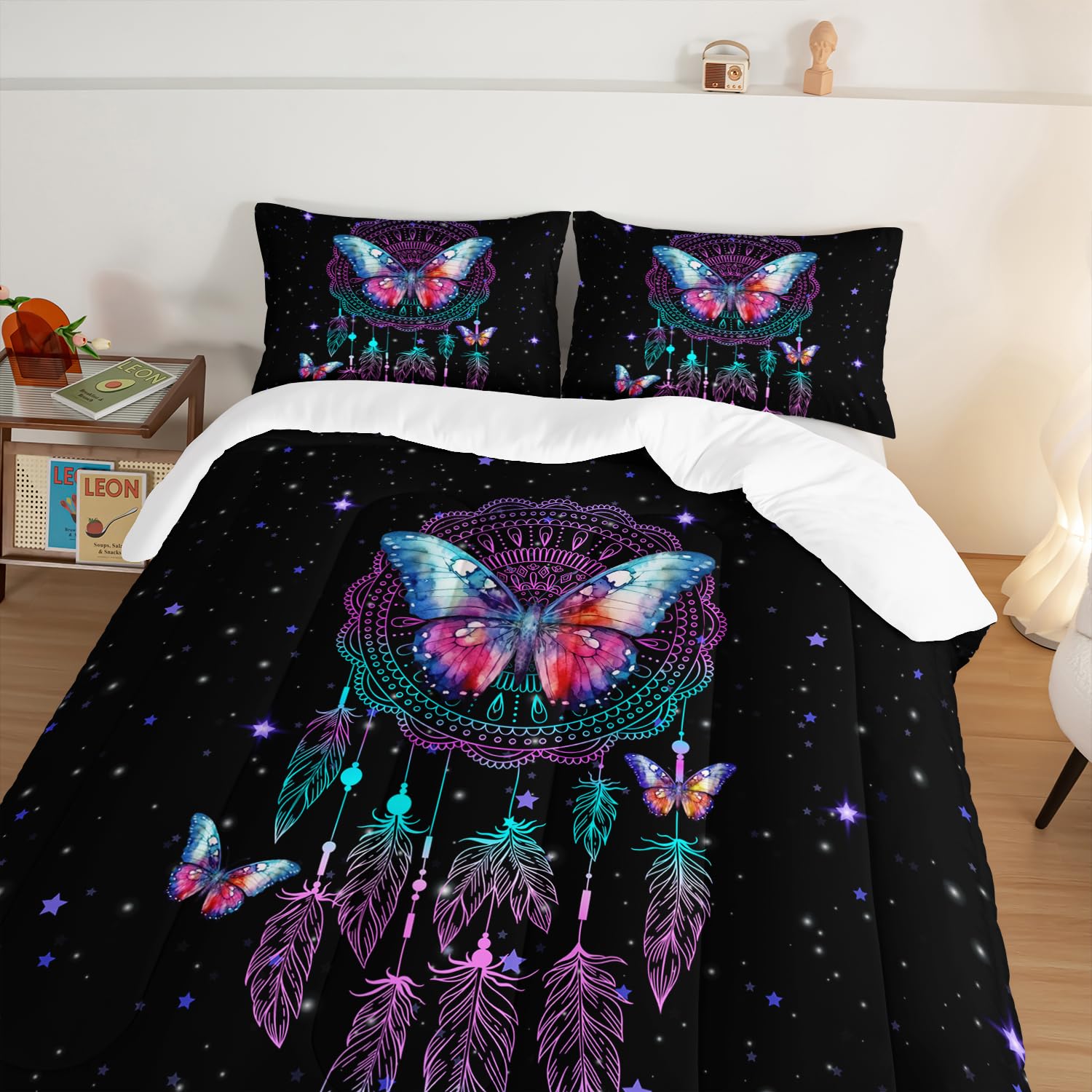 HOSIMA Traumfänger-Bettwäsche-Set für Mädchen, Schmetterlings-Federn, Traumgeschichten, Tröster-Set, Kidcore, Raumdekoration, ästhetisch, Galaxie, Sternenhimmel, schwarz, Bettdecke in voller Größe mit