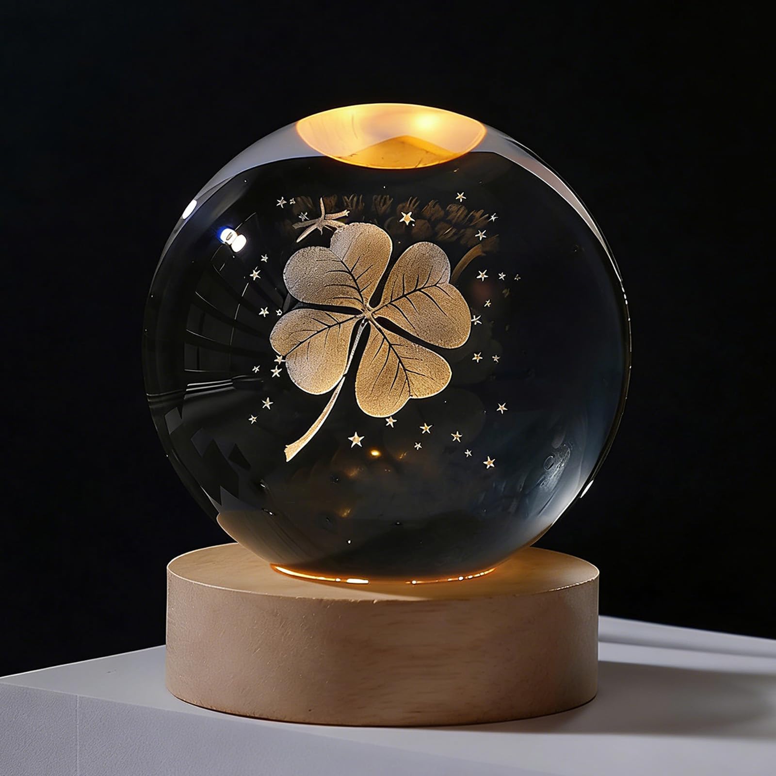 ANBET Four Leaf Clover 3D Crystal Ball Lamp Battery Powered (Not Included), Crystal Glass Ball Romantic Glass Ornaments Decorations for Women Bedroom Home Valentine's Day Mother's Day Anniversary