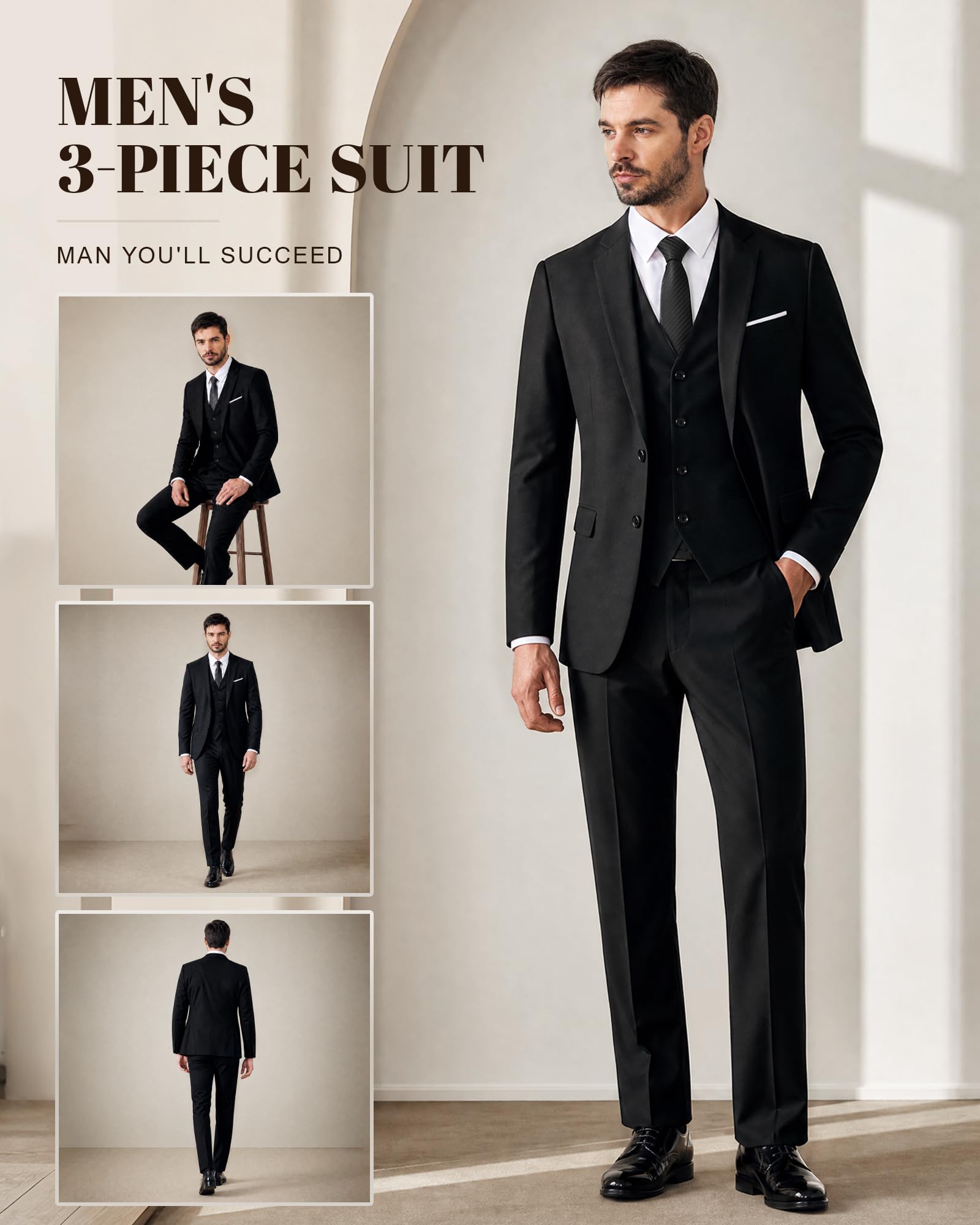 MY'S - Completo da uomo 3 pezzi, vestibilità aderente, giacca blazer con due bottoni, pantaloni, gilet, con cravatta, tinta unita, abito da sposo smoking e pantaloni, tinta unita