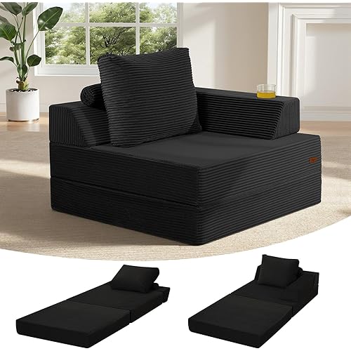 COMAX Folding Sofa Bed, Foldable Couch for Bedroom, Corduroy Convertible Floor Sleeper Futon Chair Foam, 3 in 1 Fold Out Chair Portable Comfy Lounge Couch Single Sofa Bed for Small Space Guest Room