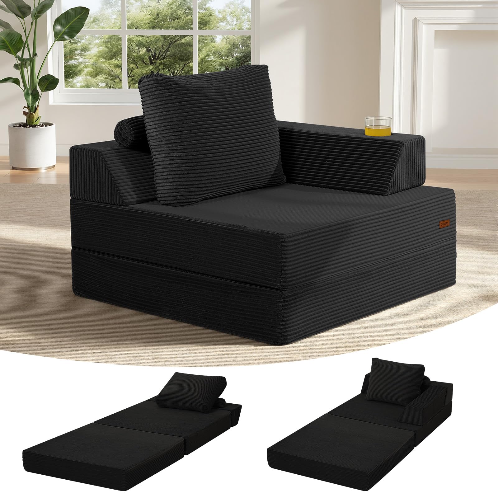 COMAX Folding Sofa Bed, Foldable Couch for Bedroom, Corduroy Convertible Floor Sleeper Futon Chair Foam, 3 in 1 Fold Out Chair Portable Comfy Lounge Couch Single Sofa Bed for Small Space Guest Room