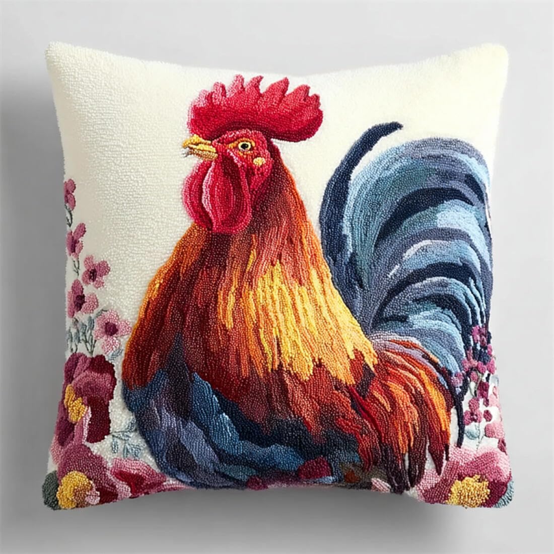 Kitquiver Animal Latch Hook Cushion Set Colorful Rooster DIY Latch Hook Kits Pillow Needlepoint Cushion Kit for Home Décor Needlework Set for Adult Beginners 17x17In