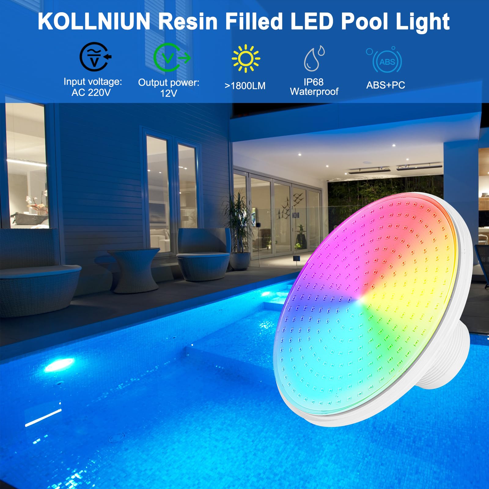 12V 24W Illuminazione LED per piscina, dimmerabile, luce per piscina, per telaio in acciaio e piscina a parete in acciaio, IP68, impermeabile, cavo da 7 m, Bocca ad anello da 2 ¼