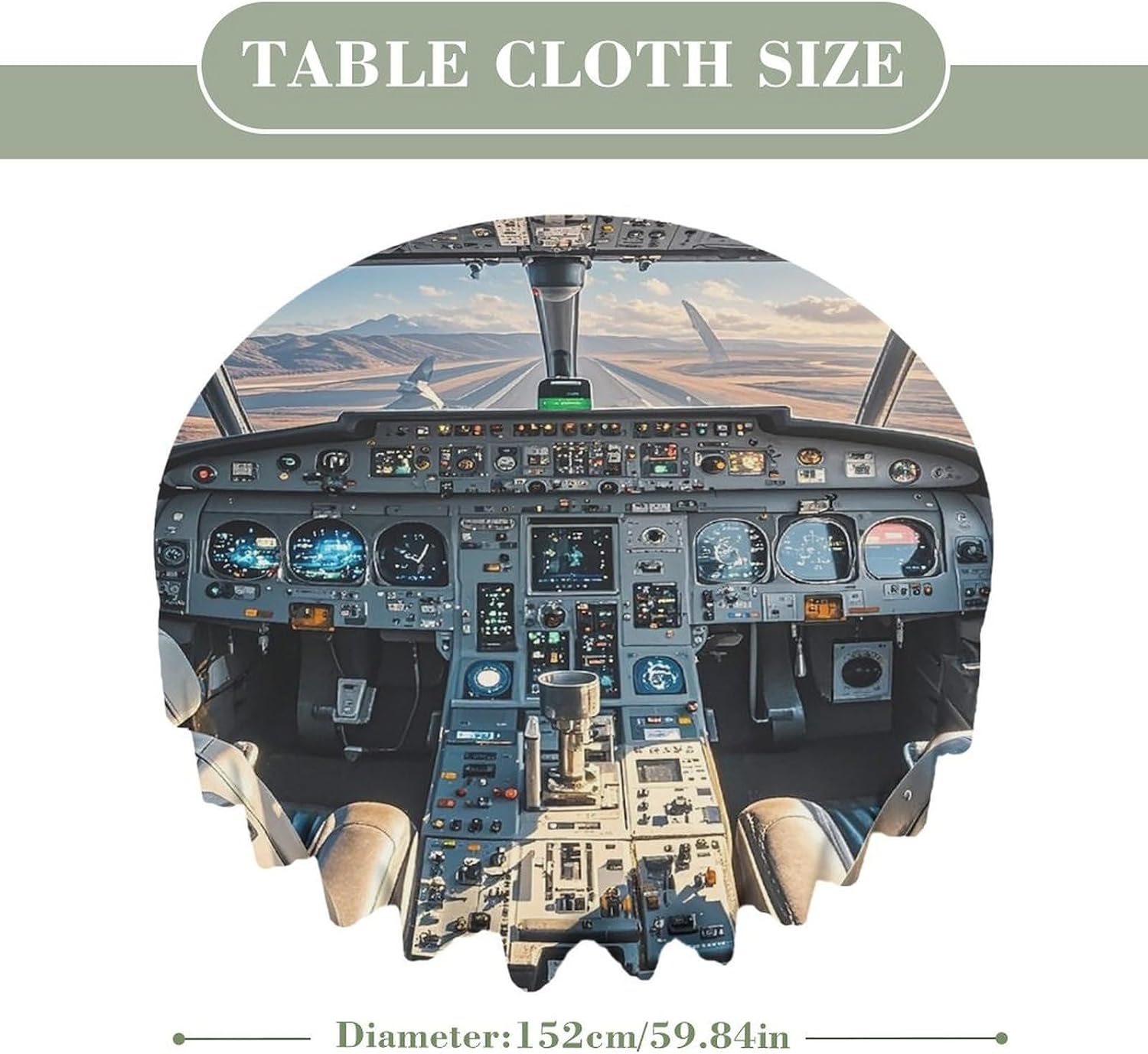 60 Inch Round Airplane Cockpit Tablecloth Waterproof Heavy Duty Polyester Table Cloth Spill-Proof Wipeable Table Cover Decorative Circle Dining Tablecover for Party Outdoor
