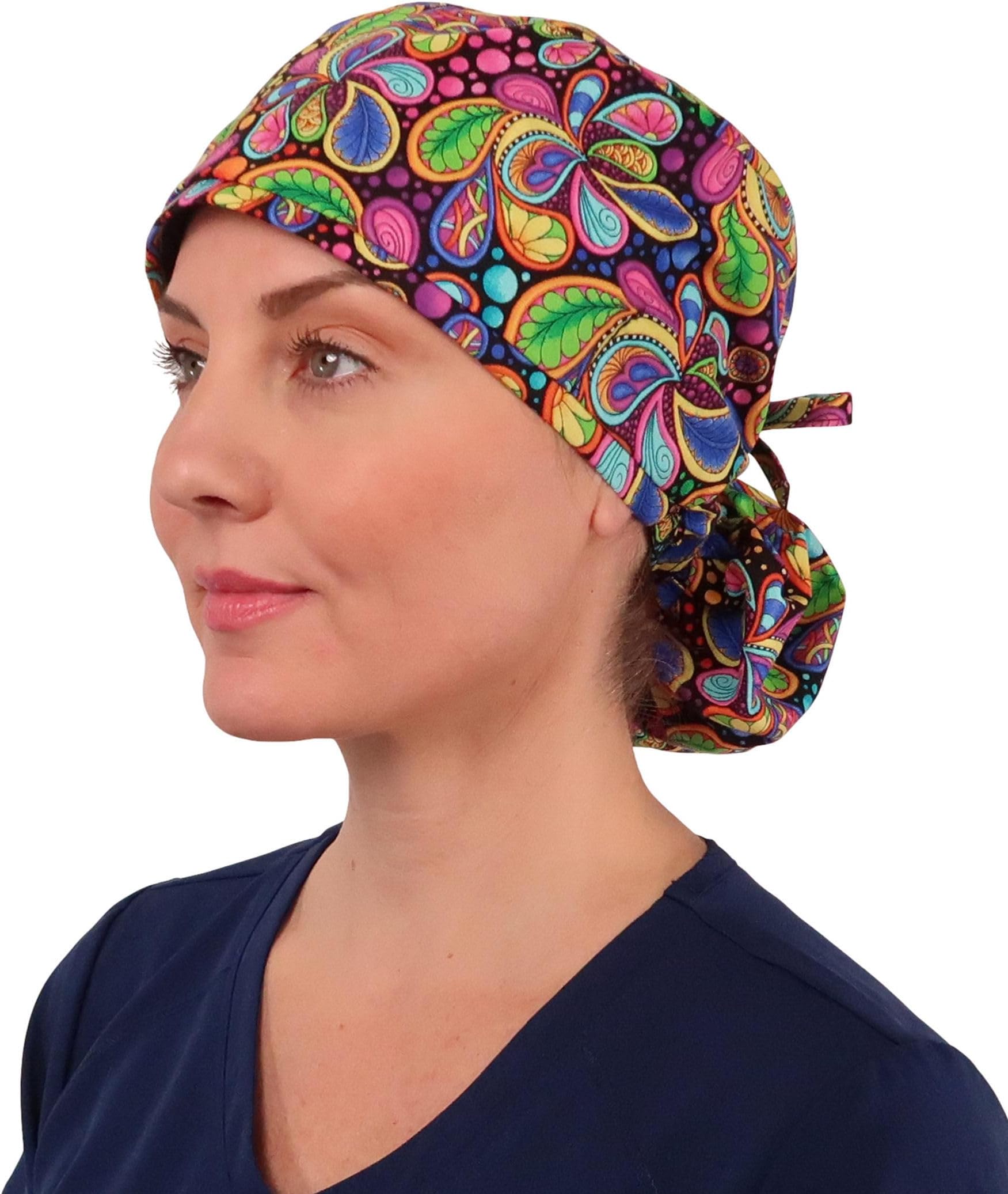 Bright Flower Paisley Big Hair Ponytail Surgical Scrub Cap