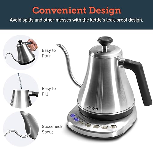 Miniatura 6 de COSORI Gooseneck Electric Kettle with 5 Variable Presets, Pour Over & Coffee maker, 100% Stainless Steel Inner Lid & Bottom, 1200 Watt Quick Plateado