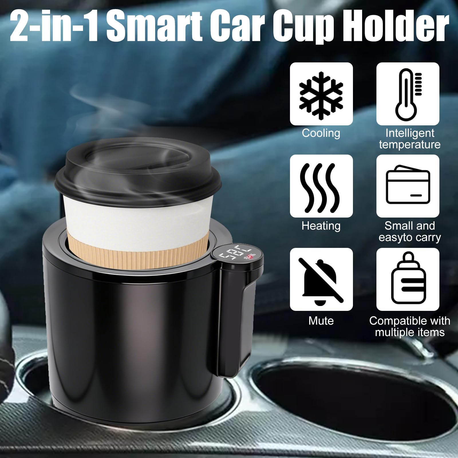 OBEST 2in1 Raffreddatore e Scaldatazze Auto Portatile con Display LCD 12V | Portabicchieri Termico per Auto Intelligenti,Controllo Intelligente della Temperatura,Adatto per Acqua,Caffè e Latte