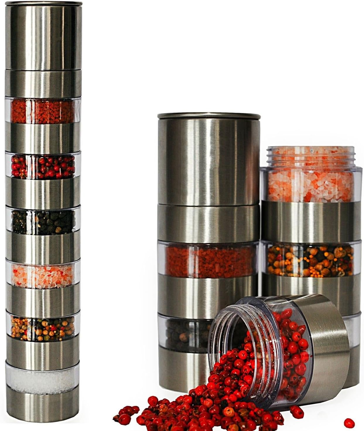 Top Home Solutions® Spice Grinder Stainless Steel - 6 Jar Salt and Pepper Shaker Set - Adjustable Ceramic Grinder for Salt Pepper, Peppercorn, Cloves and More - Clear Acrylic Body- Easy Fill Design