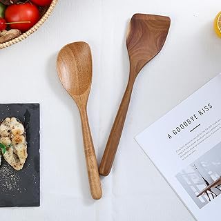 Wooden Spoon Utensils with Thick Handle, Set of 2, Wooden Corner Spoons for Cooking Scooping, Wood Spatula for Frying Scraping and Mixing, Wooden Kitchen Cooking Utensils for Nonstick Cookware