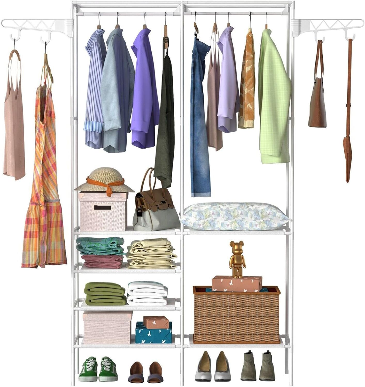 Qivine Metal Garment Rack with Shelves, Freestanding Clothes Rack, White Garment Rack for Hanging Clothes