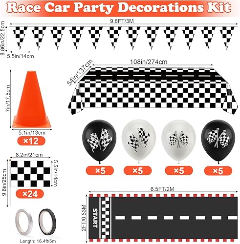 Miniatura 2 de AHIER - Decoraciones para fiestas de autos de carreras, juego de 61 piezas, 12 conos de tráfico y 24 banderas a cuadros, camino de pista de carreras