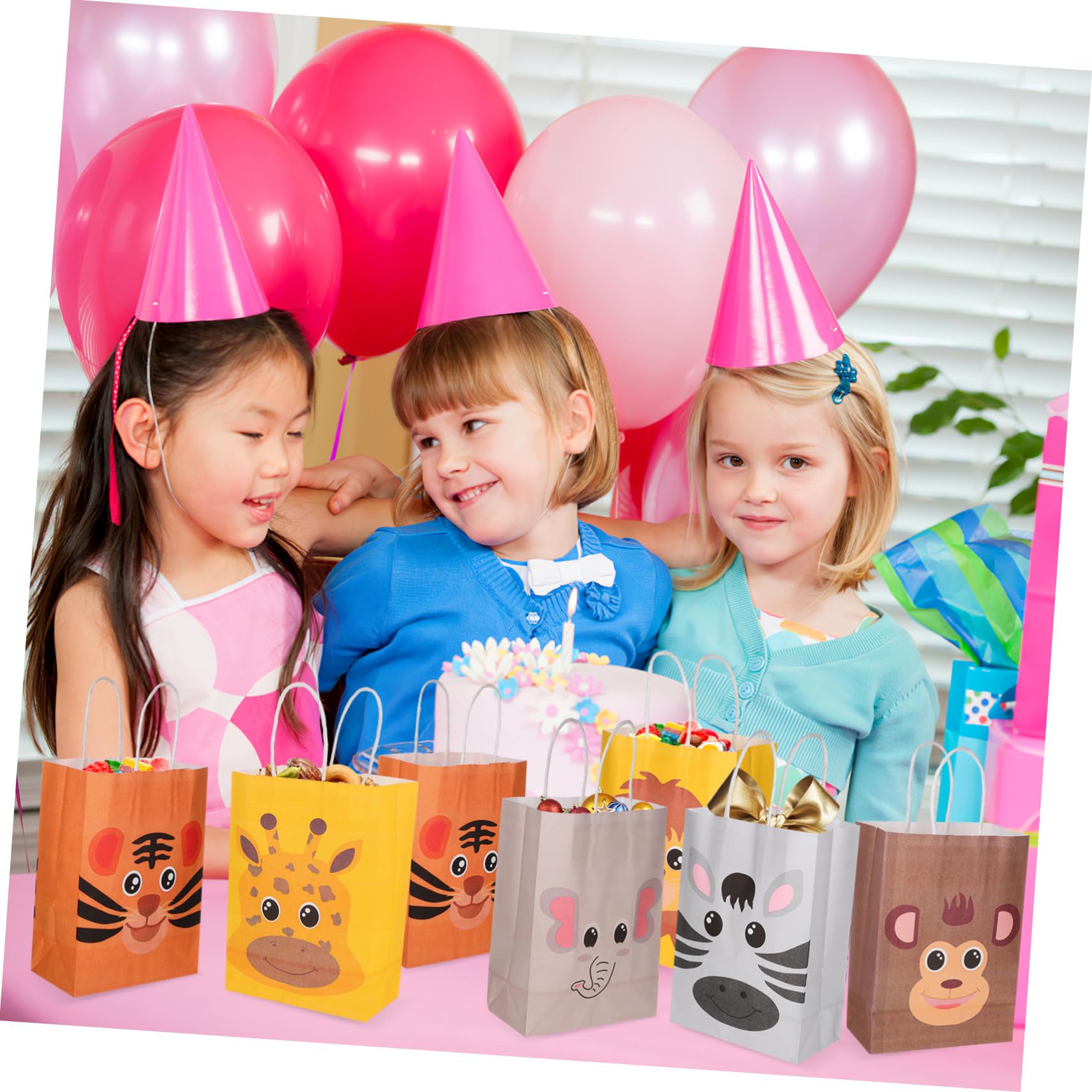 SKISUNO Geschenktüten Vielseitig Einsetzbar aus Kraftpapier mit Tiermotiven 24 Stück und Henkel in Verschiedenen Farben für Kindergeburtstag und Partys