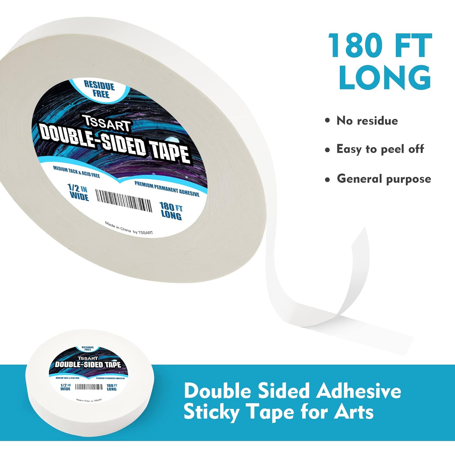 Ultra-Thin Permanent Double-Sided Tape - Double Sided Adhesive Sticky Tape for Arts, Crafts, Photography, Scrapbooking, Tear-by-Hand, Paper Backing - Acid Free 1/2Inch Wide 180FT Long thumbnail