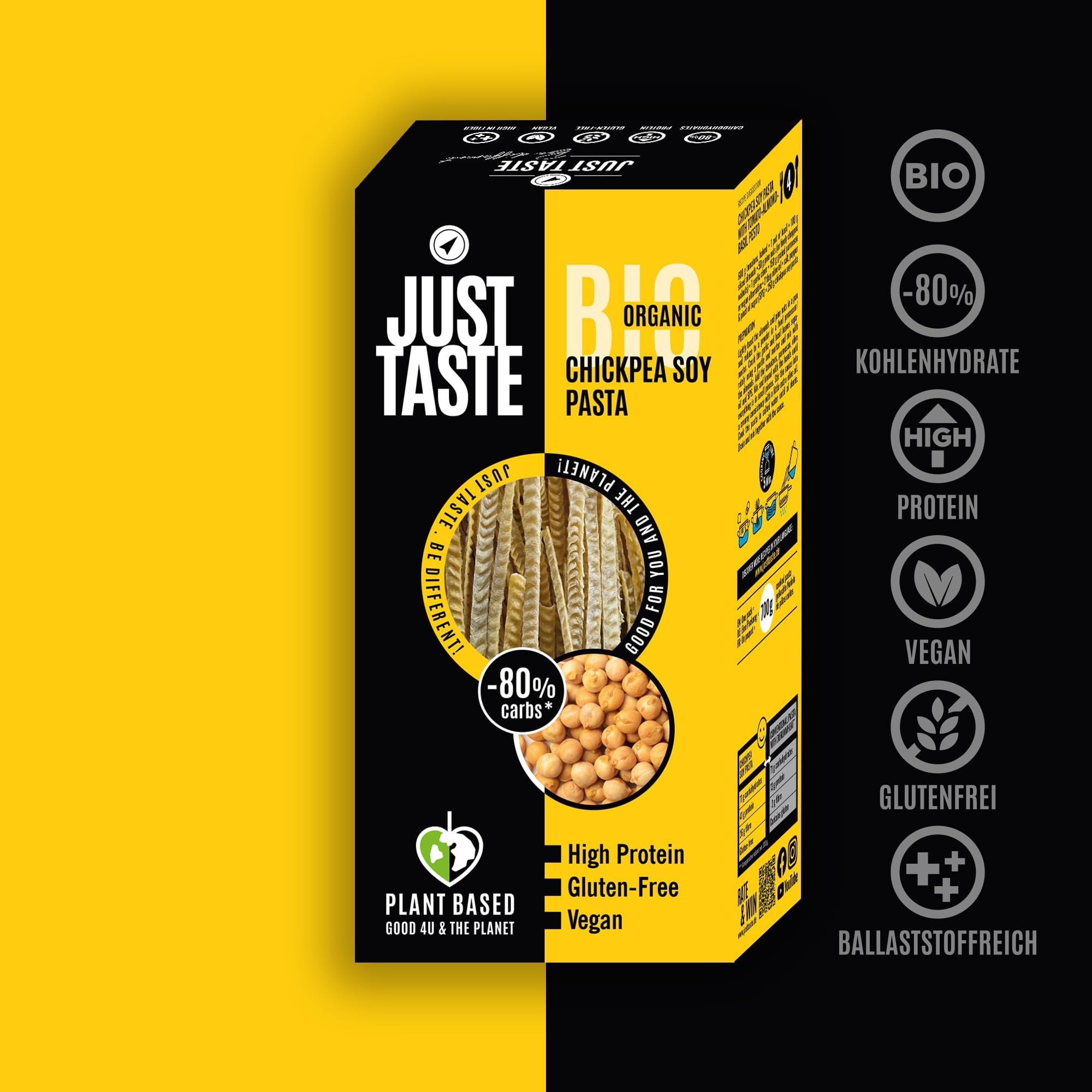 JUST TASTE - Bio Kichererbsen-Soja Fettuccine/Linguine - 43g Protein - Kichererbsen Nudeln Ideal für Sportler - Low Carb - High Protein, 250g (6er Pack)