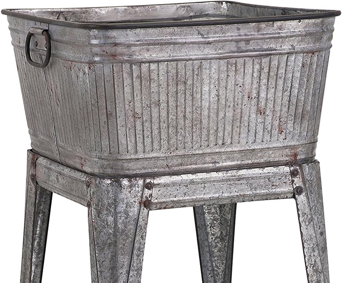 Benjara Multi Functional Galvanized Metal Tub on Stand, Gray