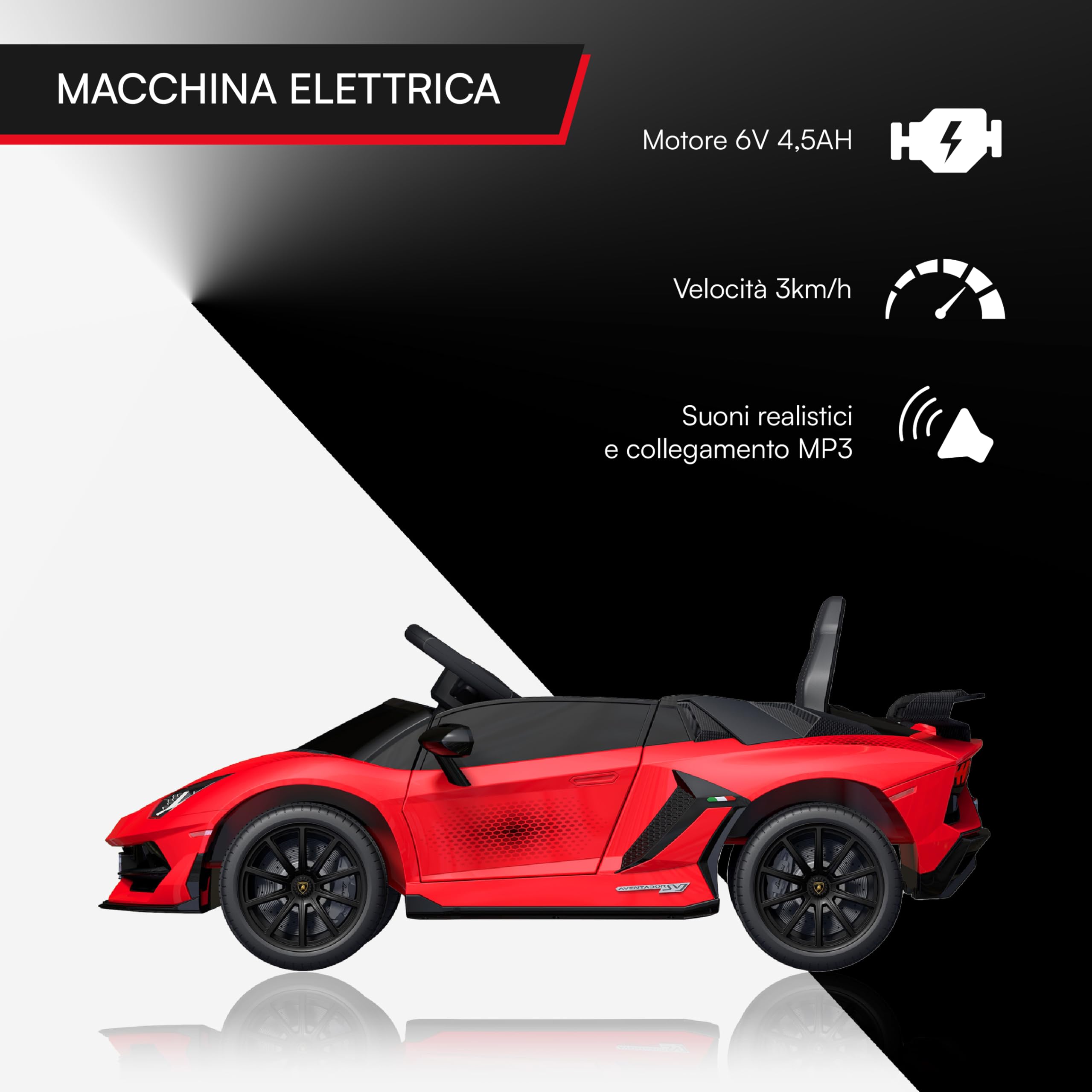 Baroni Toys Lamborghini Baby Car Elettrica 6V con Telecomando Genitori, Suoni, MP3, Retromarcia, Auto per Bambini 1-4 Anni, 100x60x50 cm Rossa