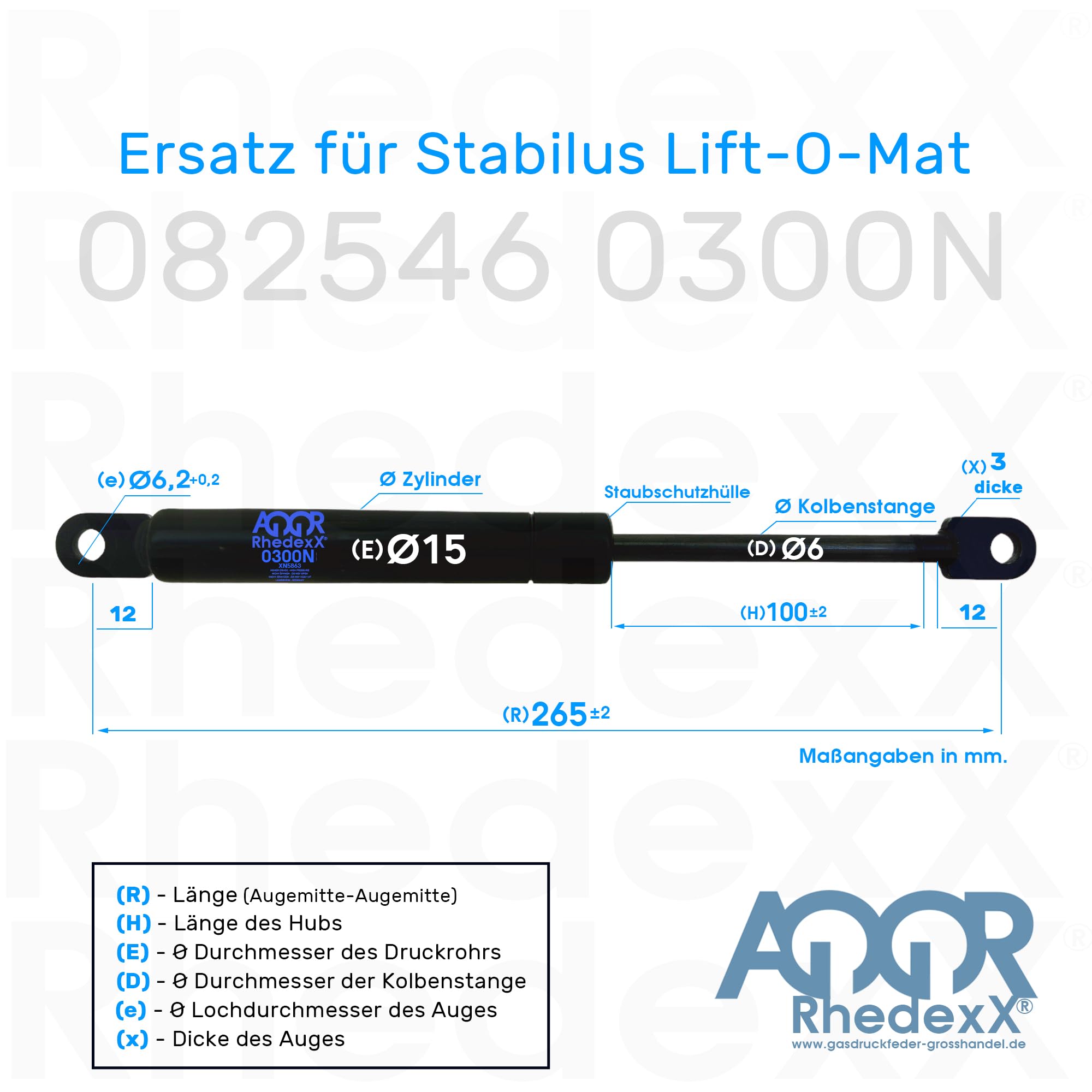 Remplacement pour Stabilus Lift-O-Mat 082546 0300N, RhedexX® Ressort à gaz 265 mm (300N - 082546)