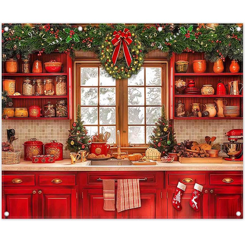 Luminora 3 x 2,4 m Fondo de Cocina navideño Rojo de, Estilo Retro
