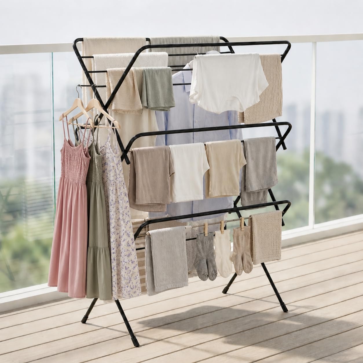 Lifelong Foldable Alloy Steel Cloth Drying Stand for Balcony|3-Tier Heavy Duty Laundry Rack for Indoor & Outdoor|Portable Standing Clothes Dryer with Anti-Slip Feet|Space Saving Steel Rack for Home