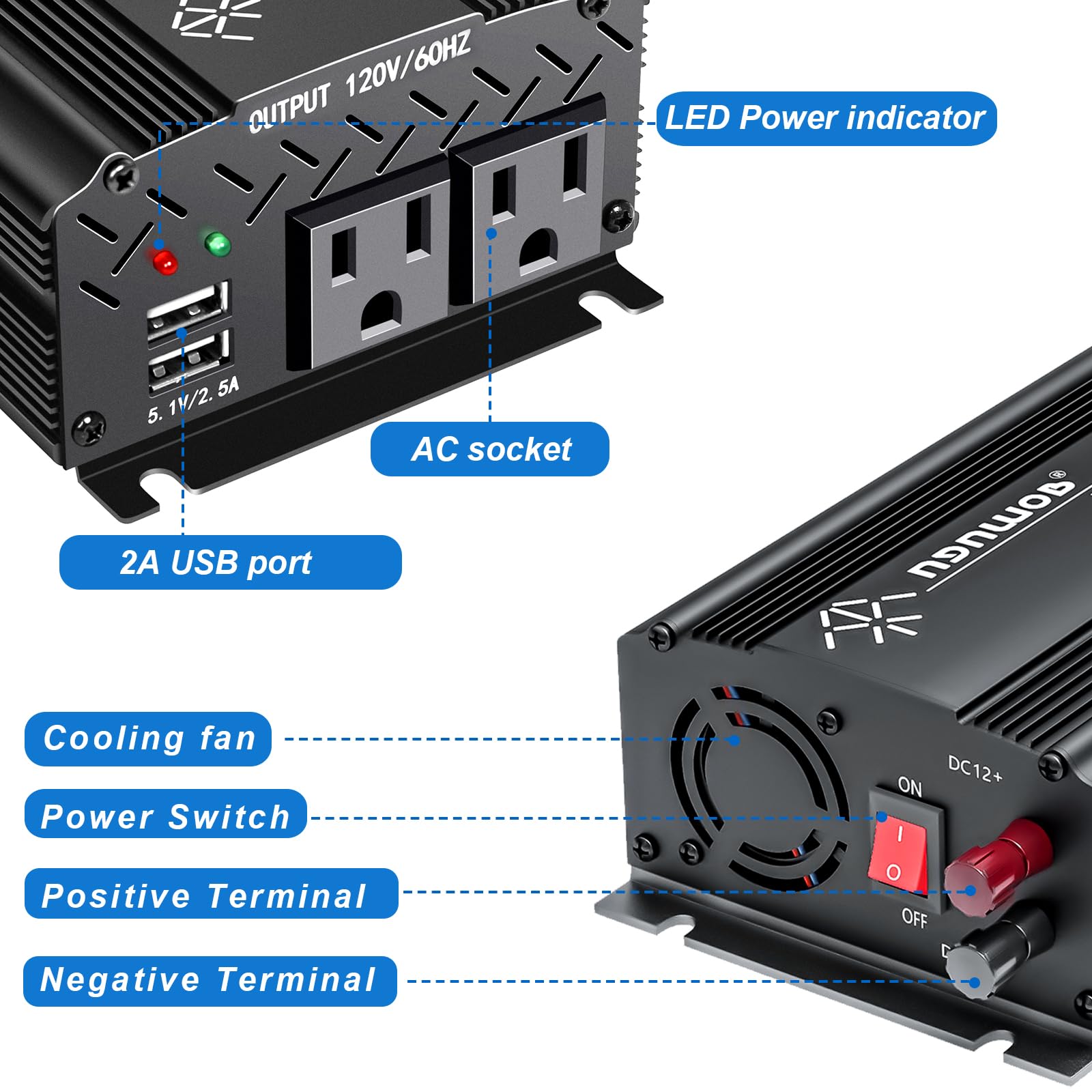 TVNIKD 12V to 110V Inverter - 750W Car Inverter with 2 AC Outlets & 2 USB Ports for Trucks & Various Vehicles