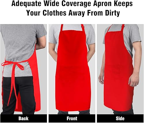 Miniatura 5 de Paquete de 2 delantales con peto 100% algodón con 2 bolsillos para cocina, mujeres y hombres, rojo