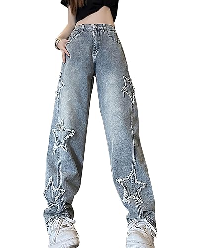 Sunidol Womens Star Jeans Baggy Cargo Jeans Vintage Casual Y2K Outfits Straight Leg Denim with Pocket - 3X-Large - 03-blue