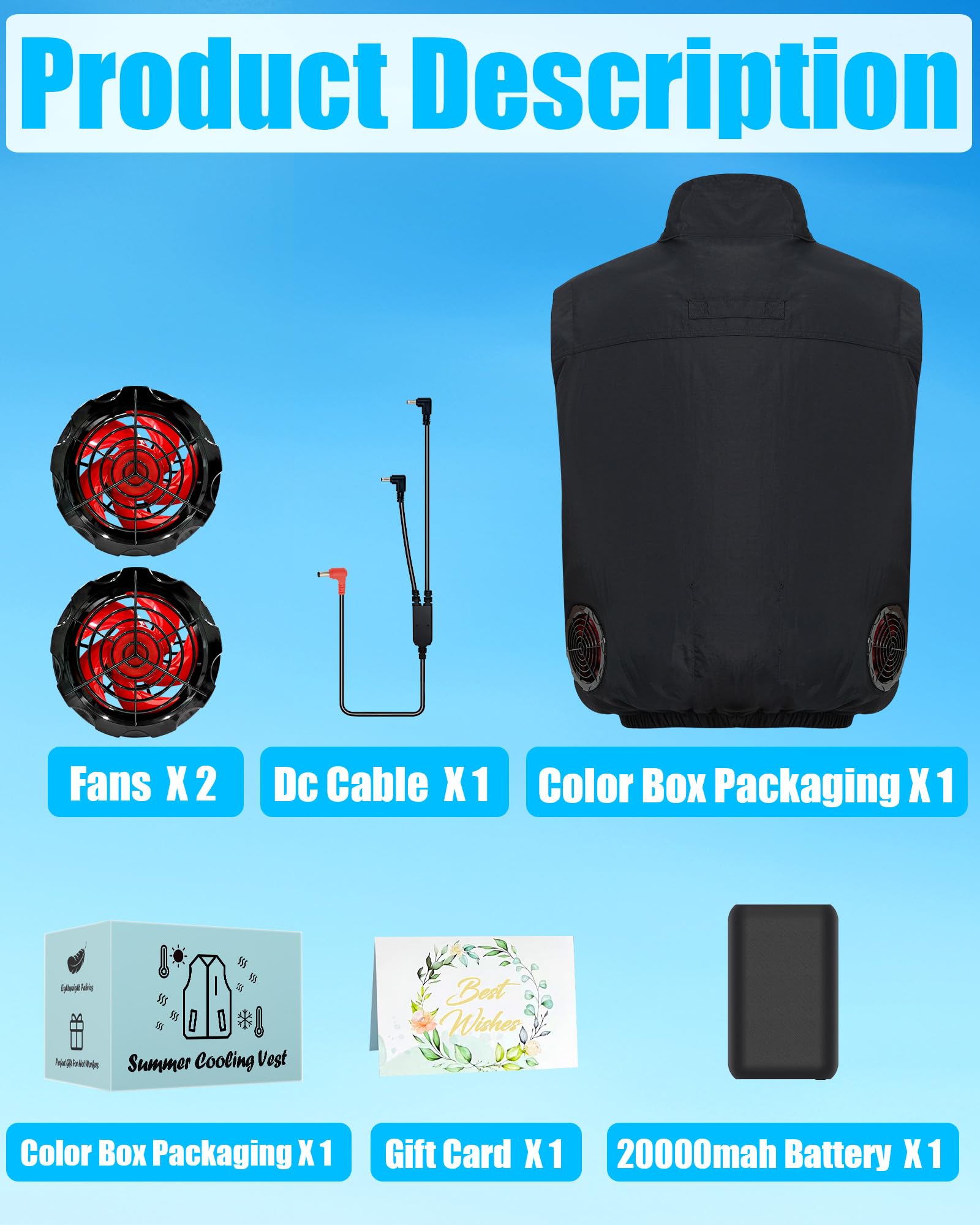 Gilet de refroidissement avec 2 ventilateurs sans balais et batterie 21 V 20 000 mAh - Gilet de refroidissement pour hommes et femmes - 4 vitesses - Léger et respirant - Idéal pour