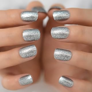 Coolnail Silver Glitter Press on Nails Square Artificial Short False Nail Tip for Office Home Fake Finger Nail Faux Ongle for Women Girl